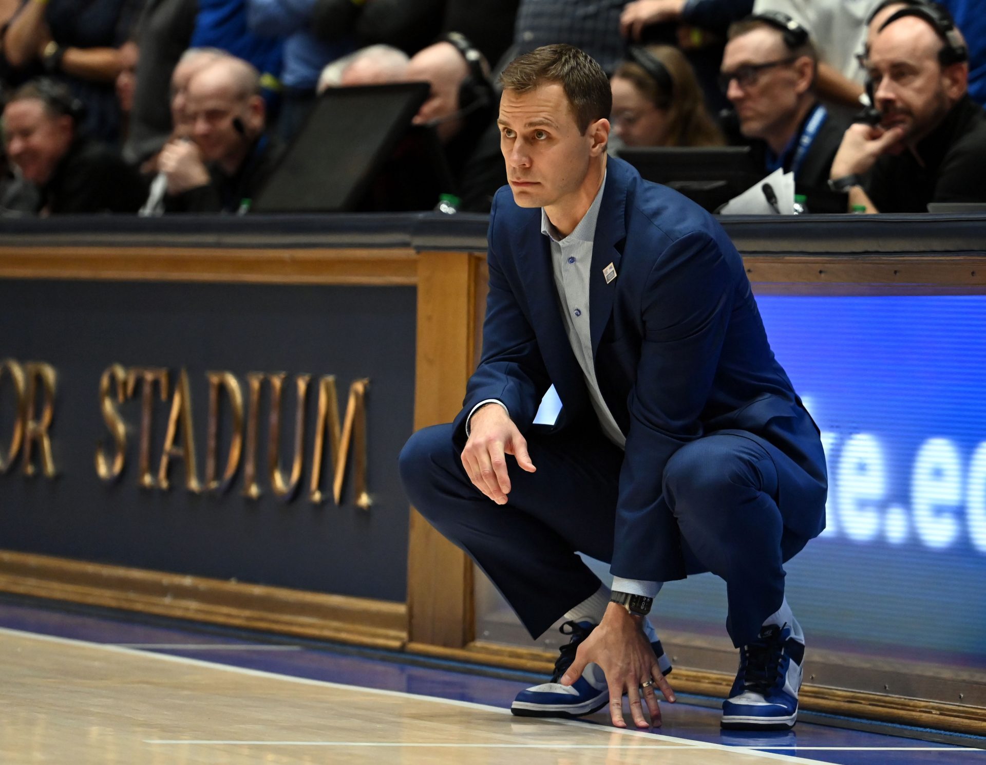 Duke Blue Devils head coach Jon Scheyer looks on during the second half against the Clemson Tigers at Cameron Indoor Stadium.