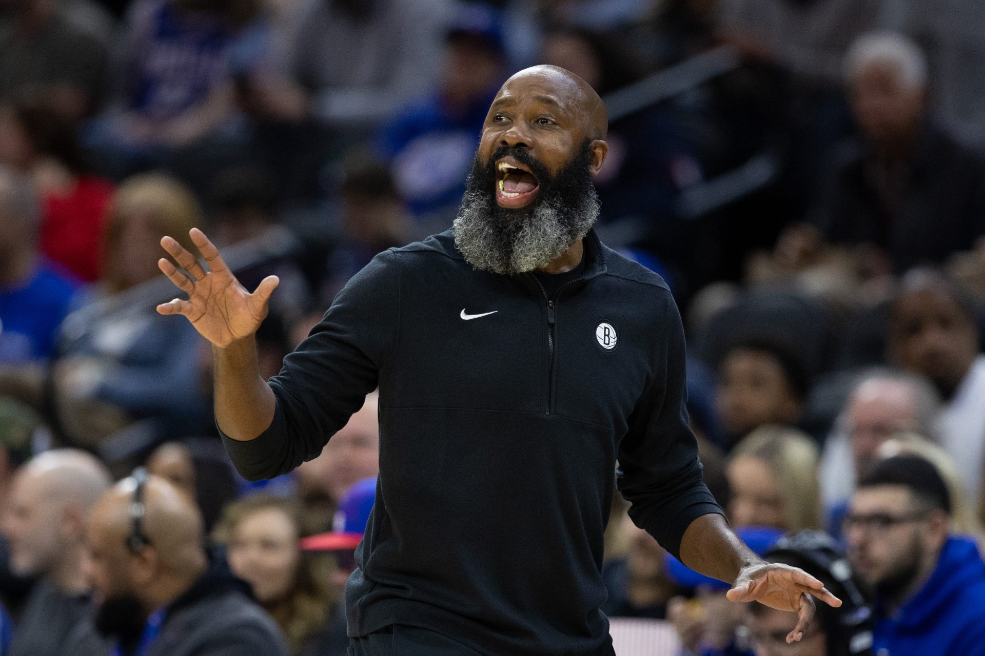 Brooklyn Nets head coach Jacque Vaughn reacts during the first quarter against the Philadelphia 76ers at Wells Fargo Center.