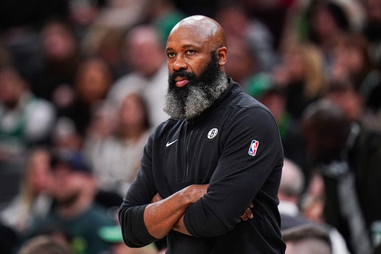 Brooklyn Nets head coach Jacque Vaughn watches from the sideline at they take on the Boston Celtics at TD Garden.