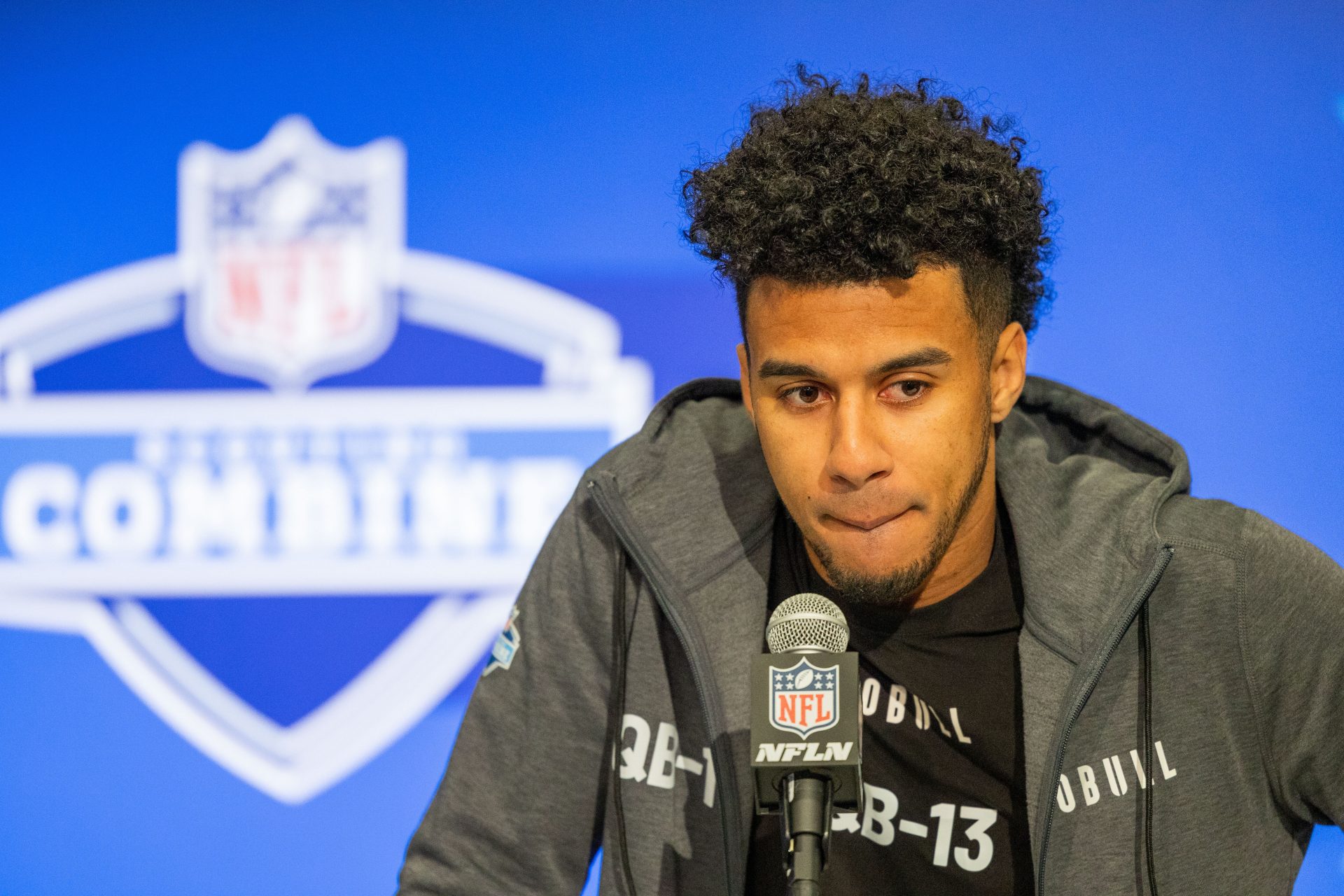 Florida State quarterback Jordan Travis (QB13) talks to the media during the 2024 NFL Combine at Lucas Oil Stadium.