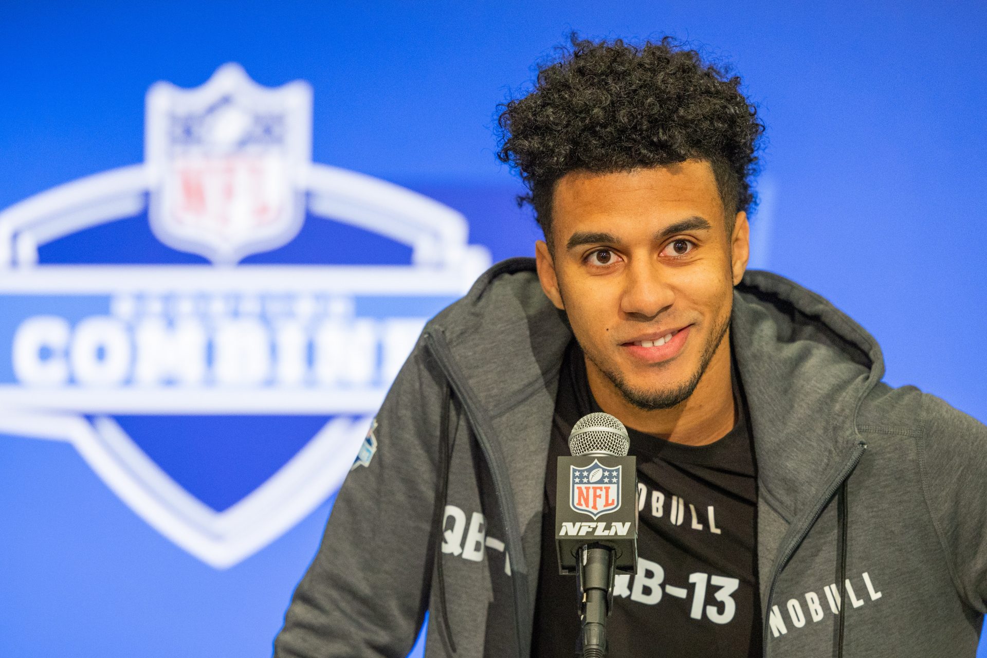 Florida State quarterback Jordan Travis (QB13) talks to the media during the 2024 NFL Combine at Lucas Oil Stadium.