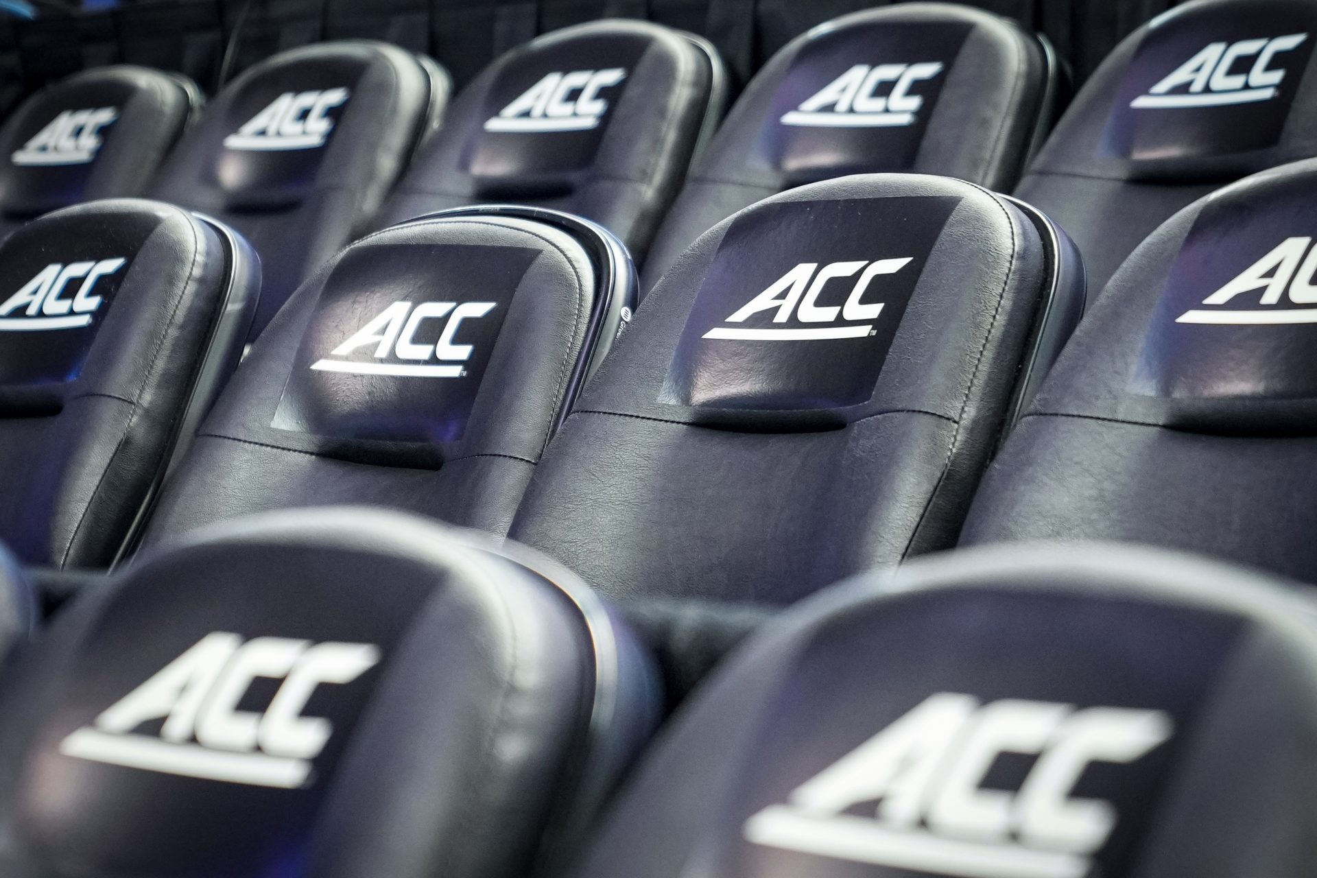 General view of the ACC logo before the game between Notre Dame vs Louisville at Greensboro Coliseum.