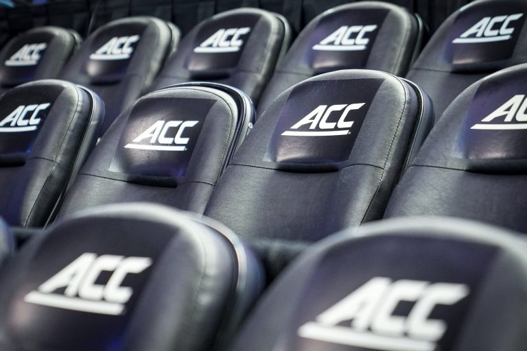 General view of the ACC logo before the game between Notre Dame vs Louisville at Greensboro Coliseum.