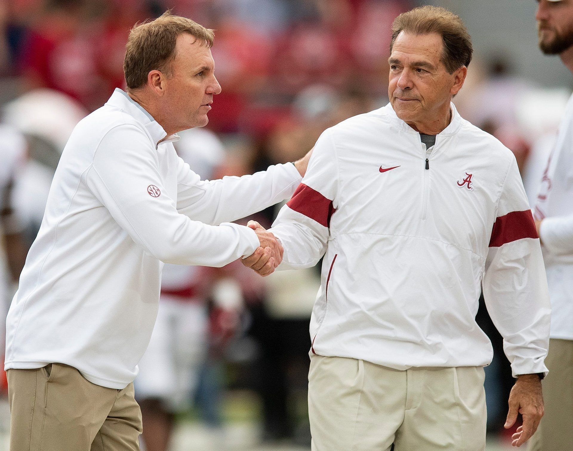 Arkansas head coach Chad Morris and Alabama head coach Nick Saban before their game at Bryant-Denny Stadium in Tuscaloosa