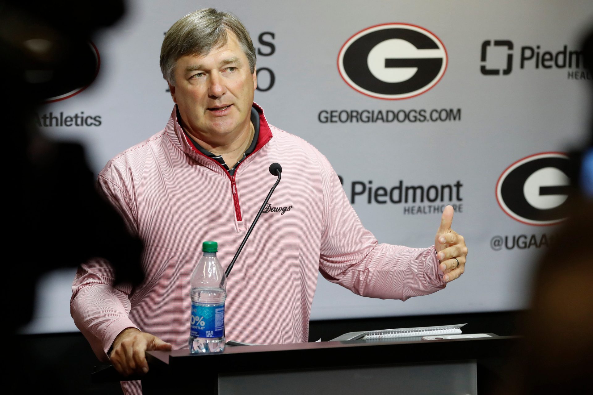 Georgia head coach Kirby Smart speaks to the media on the first day of spring practice in Athens, Ga., on Tuesday, March 12, 2024.