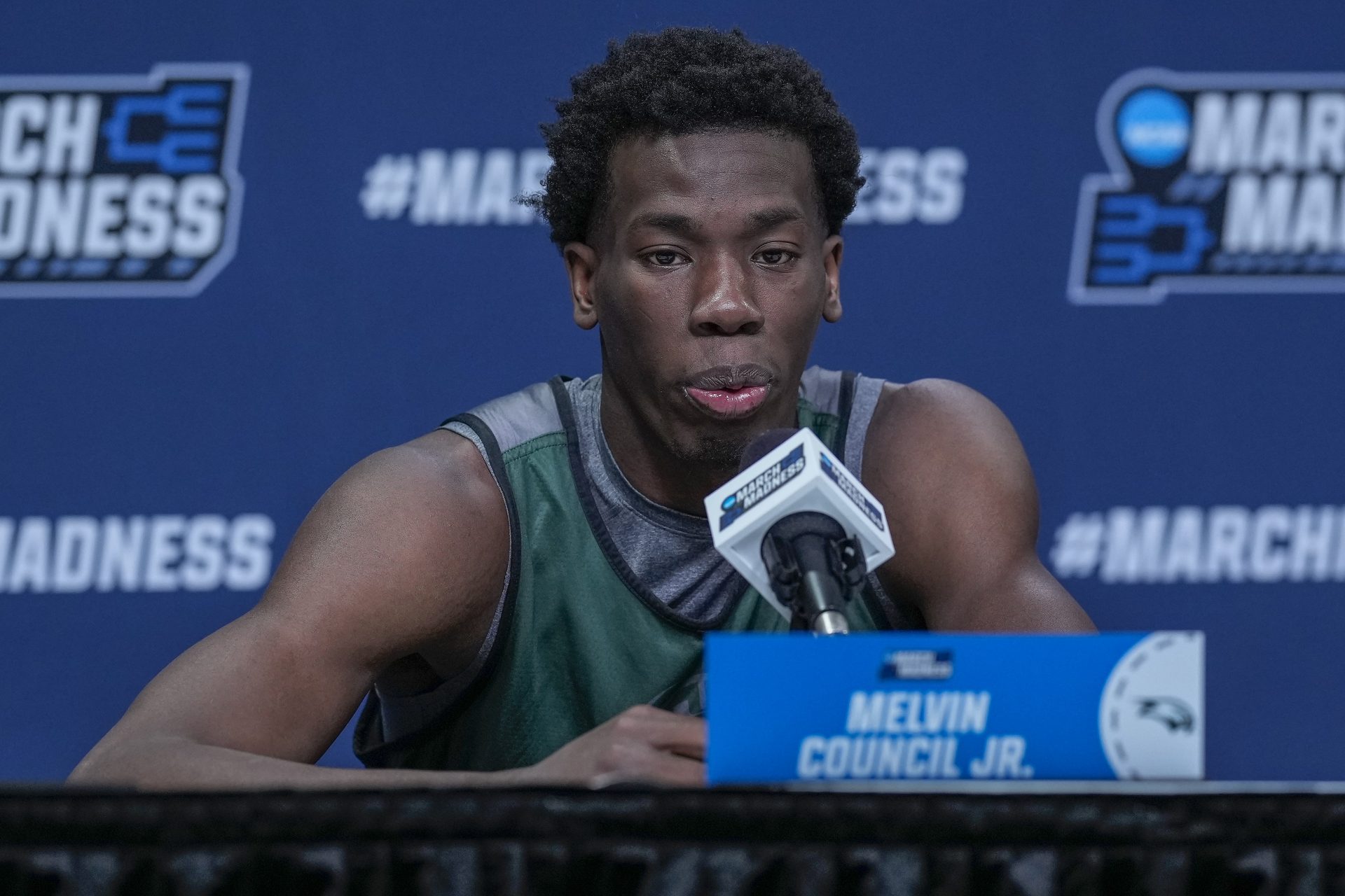 Wagner Seahawks guard Melvin Council Jr. (11) addresses the media after the NCAA first round practice session at Spectrum Center.