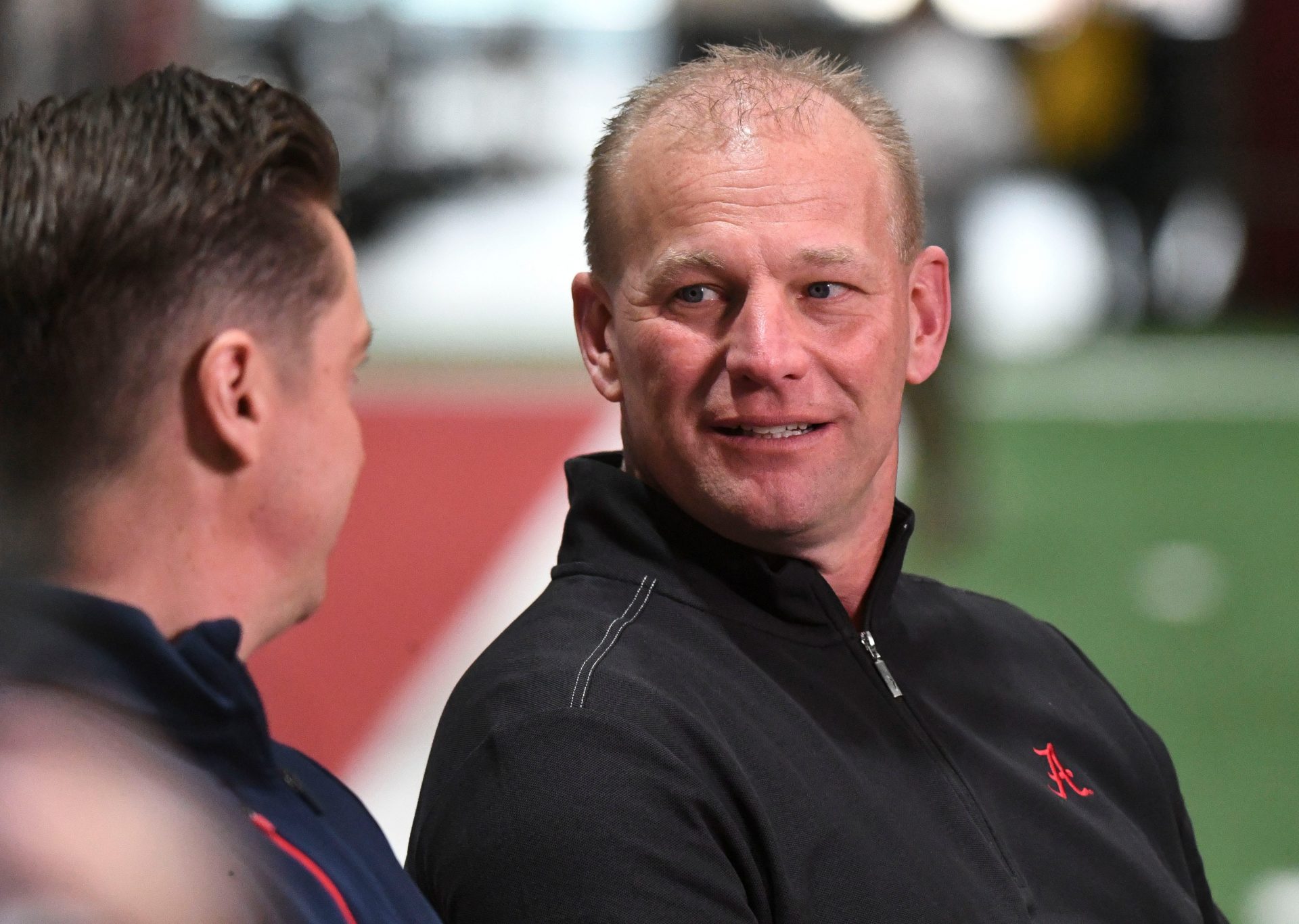 New Alabama head coach Kalen DeBoer conducts and interview at the Hank Crisp Indoor Practice Facility during the University of Alabama’s Pro Day.