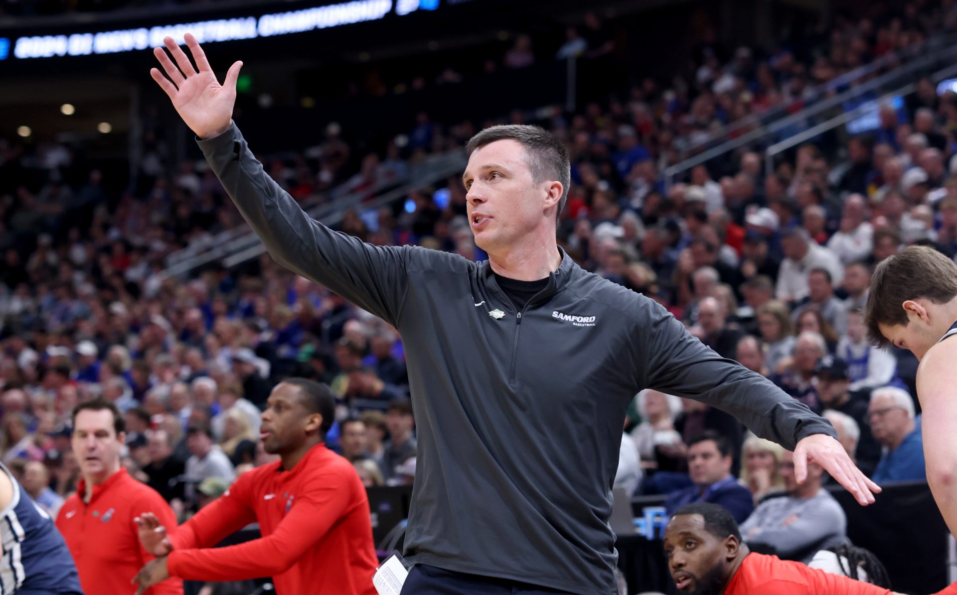 Samford Bulldogs head coach Bucky McMillan during the first half in the first round of the 2024 NCAA Tournament against the Samford Bulldogs at Vivint Smart Home Arena-Delta Center.