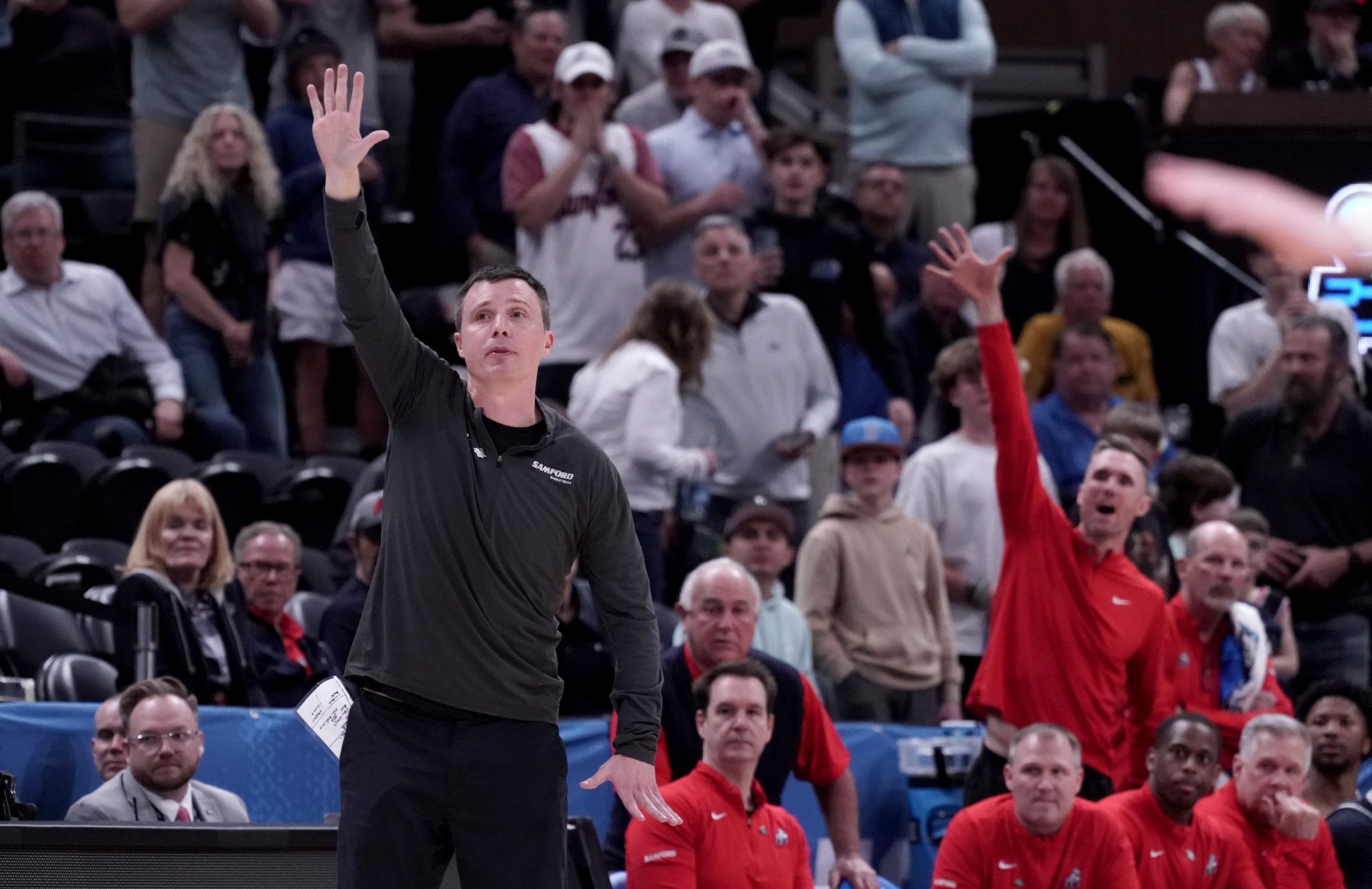 Samford Bulldogs head coach Bucky McMillan during the second half in the first round of the 2024 NCAA Tournament against the Kansas Jayhawks at Vivint Smart Home Arena-Delta Center.