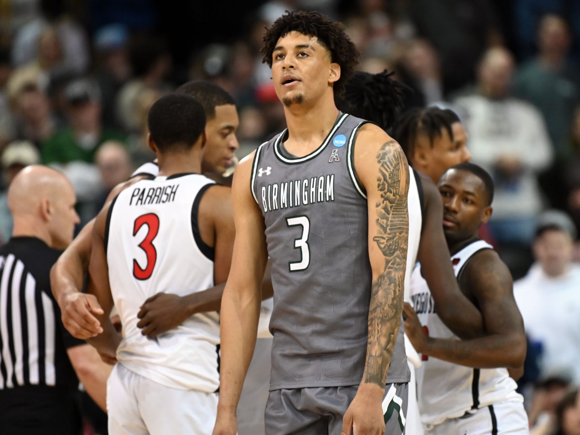 UAB Blazers forward Yaxel Lendeborg (3) walks off of the court after a game against the San Diego State Aztecs in the first round of the 2024 NCAA Tournament at Spokane Veterans Memorial Arena.