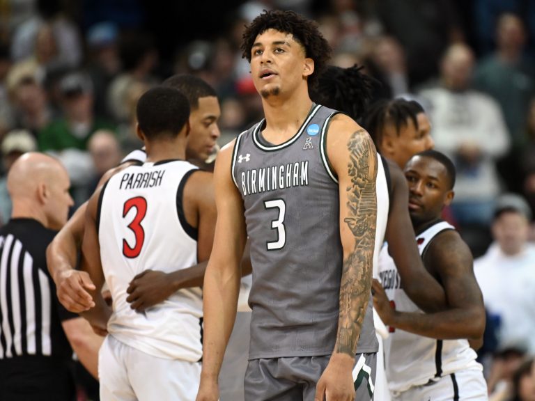 UAB Blazers forward Yaxel Lendeborg (3) walks off of the court after a game against the San Diego State Aztecs in the first round of the 2024 NCAA Tournament at Spokane Veterans Memorial Arena.