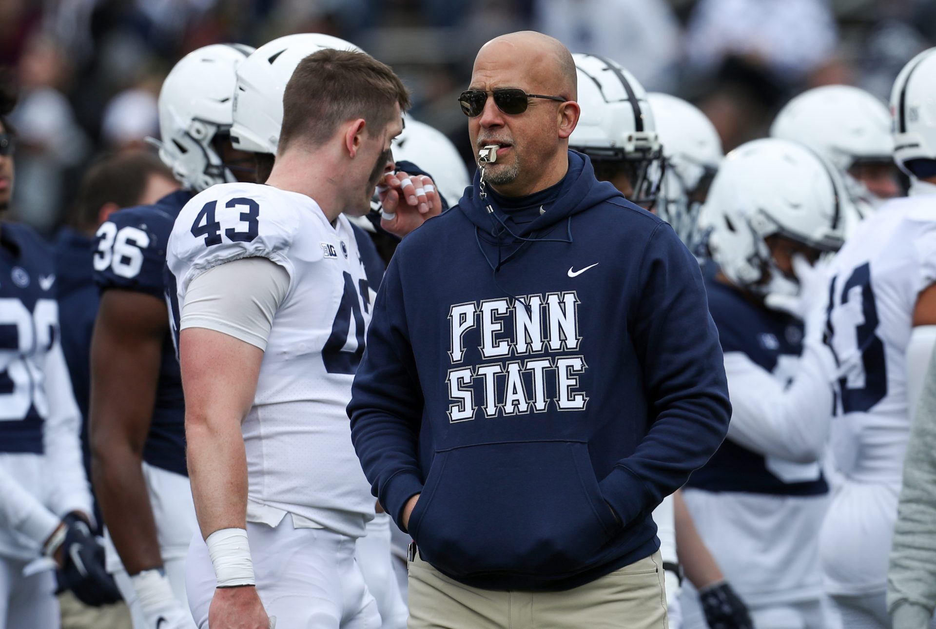 Penn State Nittany Lions head coach James Franklin walks on the field during a warmup practice prior to the Blue White spring game at Beaver Stadium.