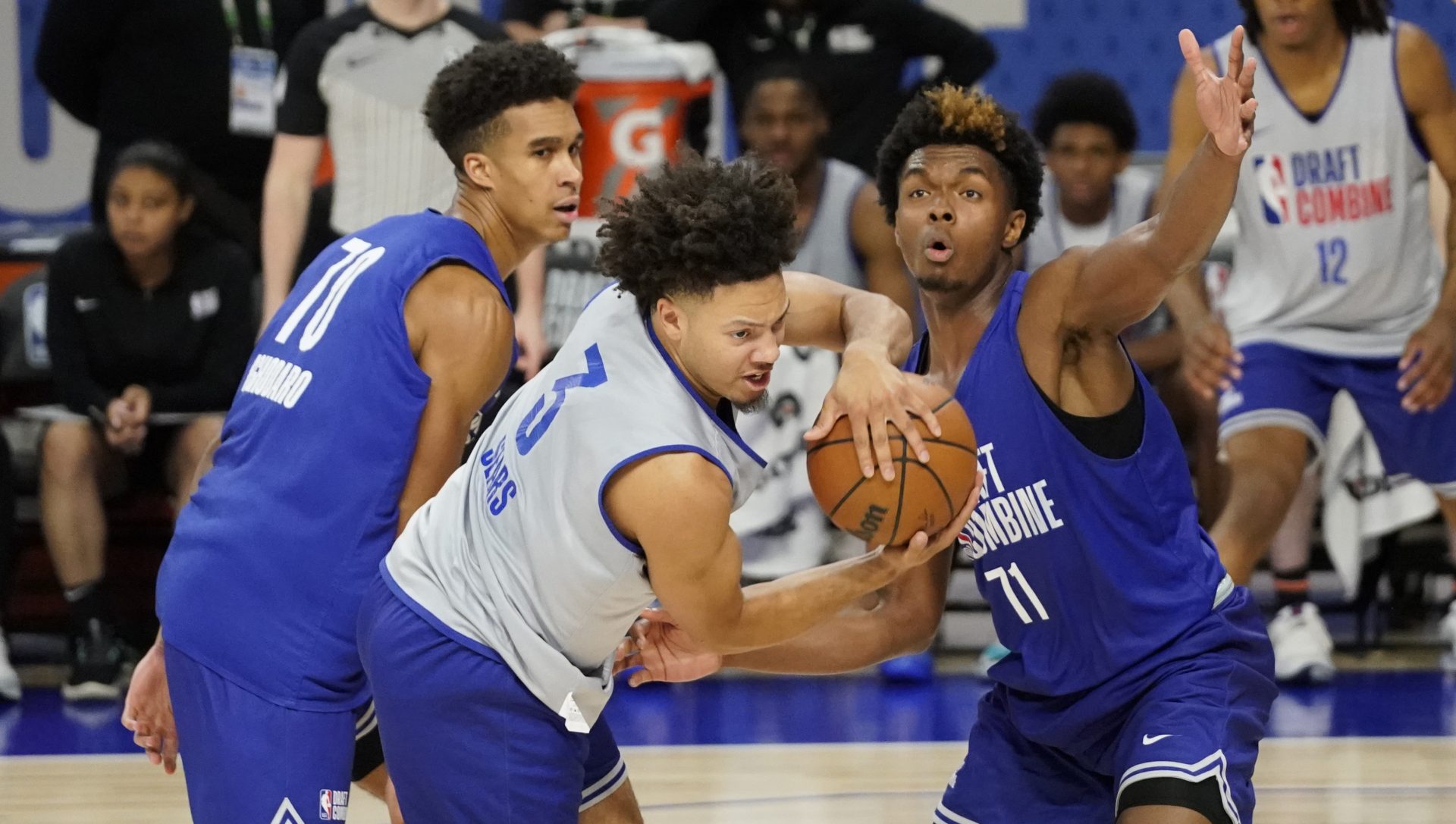 Oso Ighodaro (70) Mark Sears (3) and Harrison Ingram (71) participate in the 2024 NBA Draft Combine at Wintrust Arena.