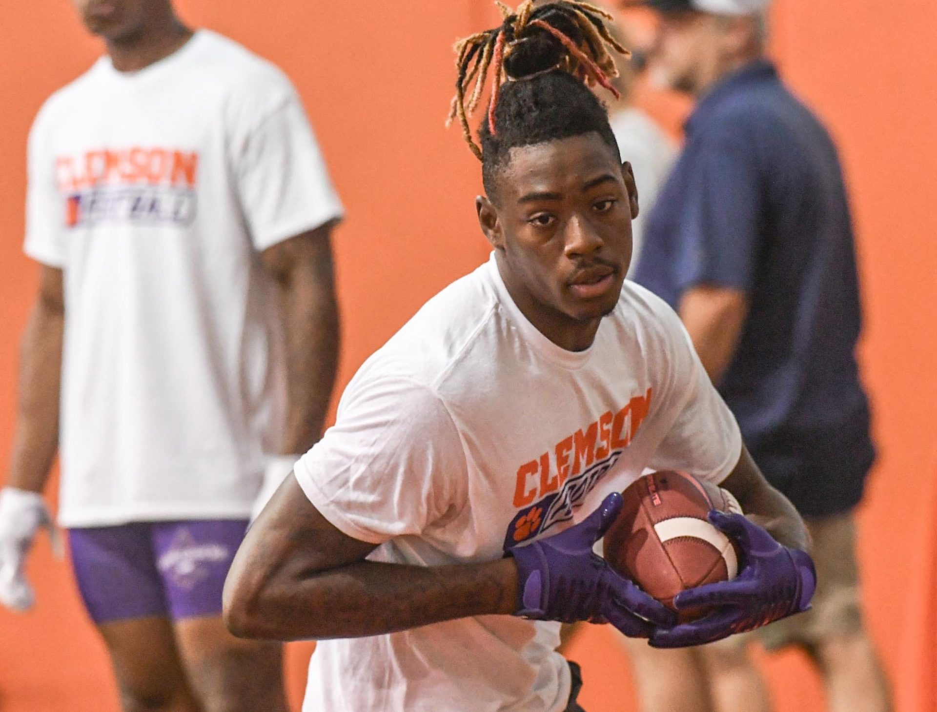 Cederian Morgan, Class of 2026 wide receiver of Benjamin Russell High school in Alexander City, Alabama, catches a ball during the 2024 Dabo Swinney Football Camp in Clemson in Clemson June 5, 2024. Morgan, 38th overall ranked in the ESPN300 2026 recruiting ranking list, announced on social media X (formerly known as Twitter) Clemson offered him June 5, 2024.