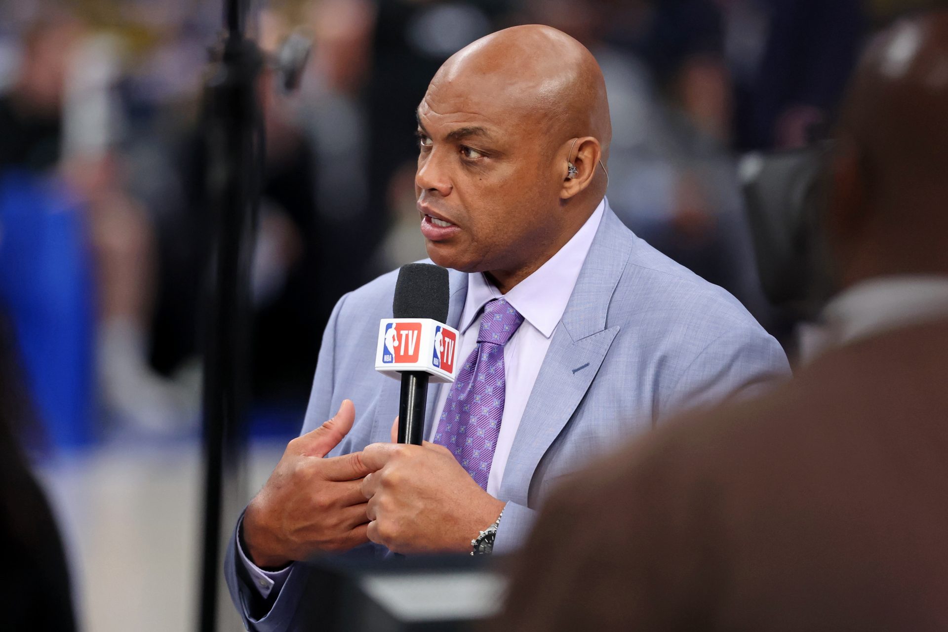 NBA TV analyst Charles Barkley talks on set before game three of the 2024 NBA Finals between the Boston Celtics and the Dallas Mavericks at American Airlines Center.