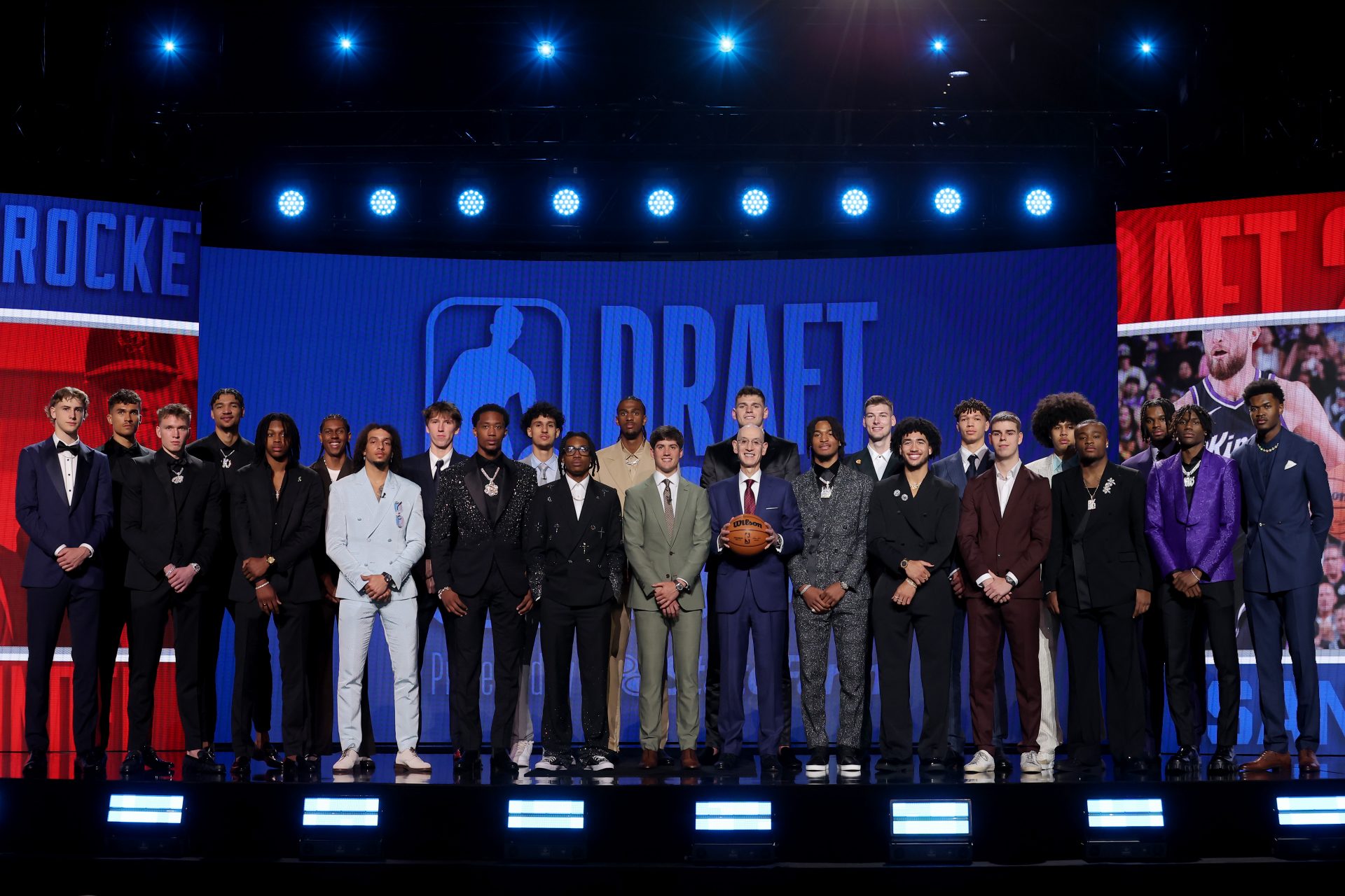 NBA commissioner Adam Silver poses for photos with the 2024 draft class before the first round of the 2024 NBA Draft at Barclays Center.