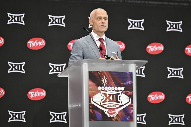 Big 12 Conference commissioner Brett Yormark speaks to the media during the Big 12 Media Days at Allegiant Stadium.