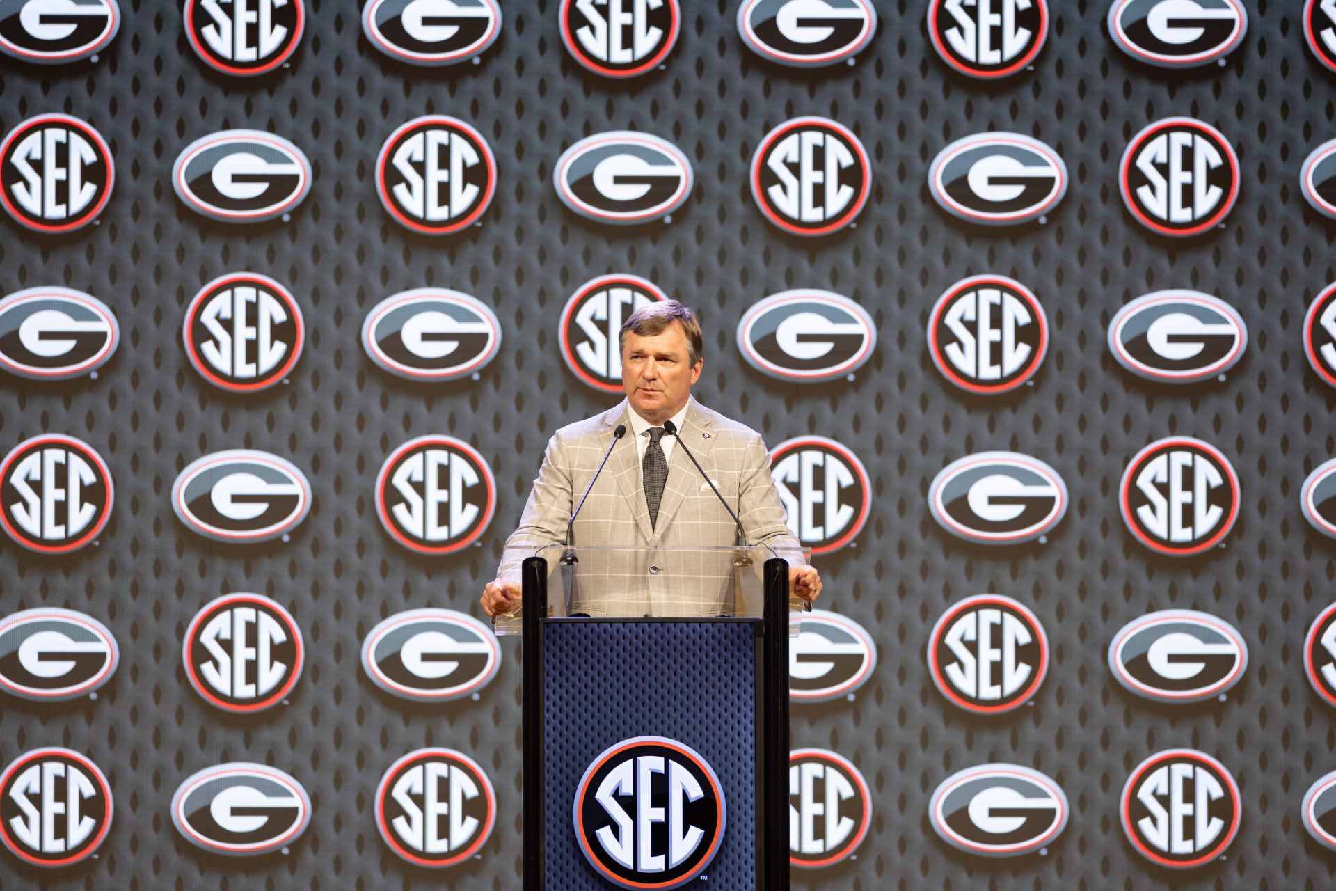 Georgia head coach Kirby Smart speaking at Omni Dallas Hotel.