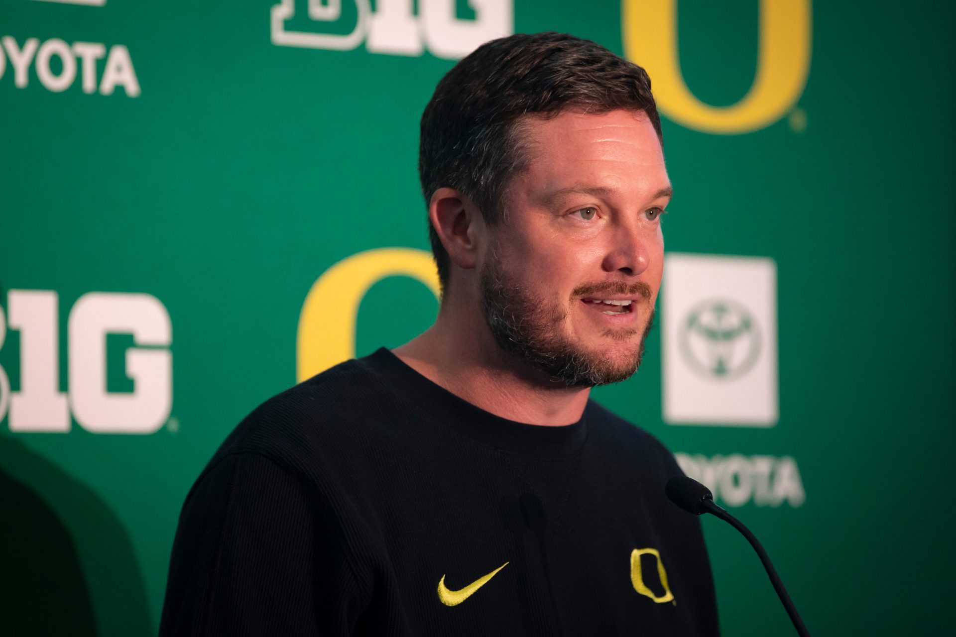 Oregon head coach Dan Lanning speaks during Oregon football’s media day Monday, July 29, 2024 at Autzen Stadium in Eugene, Ore.