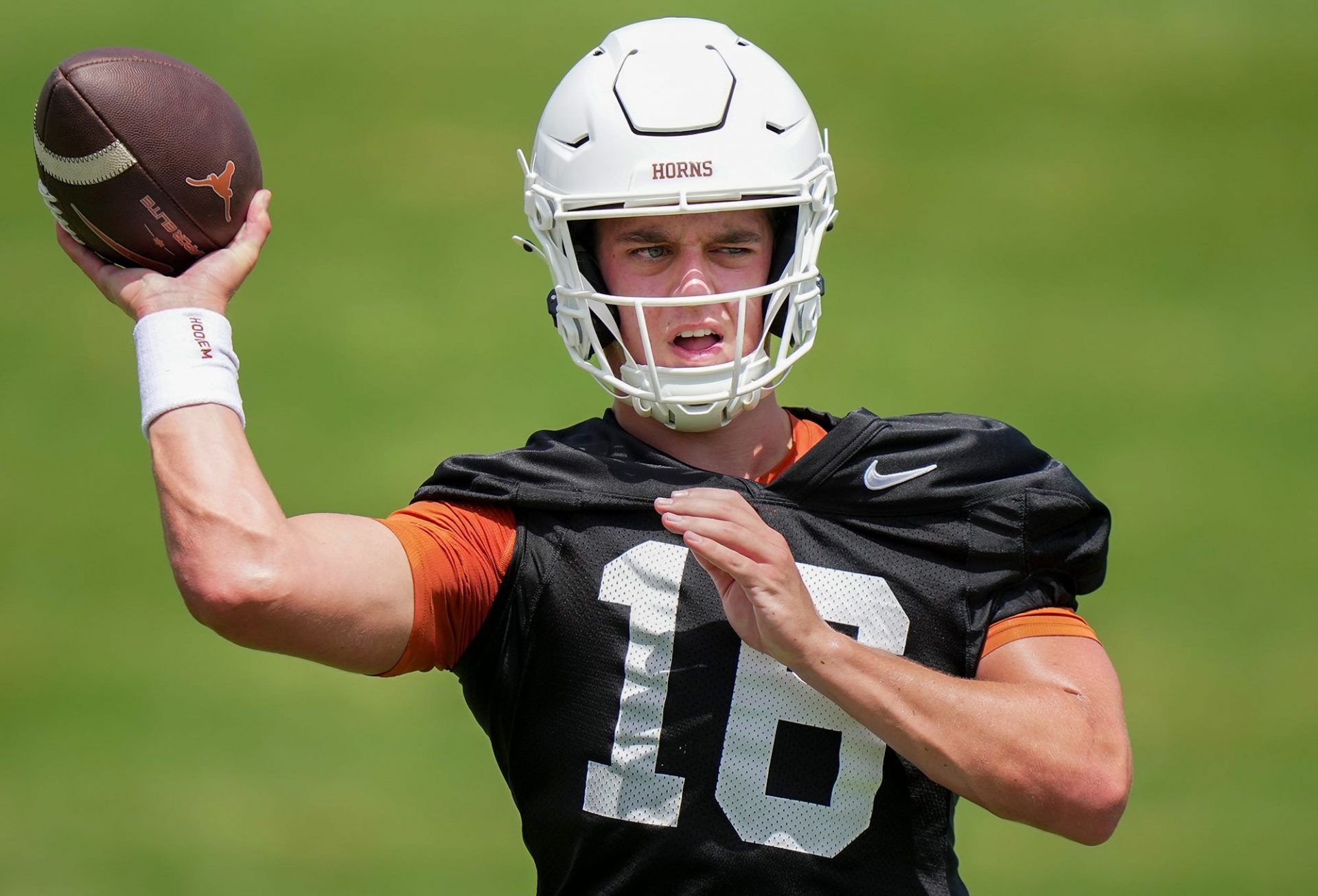 Arch Manning, 16, during the first fall football camp practice for the Texas Longhorns at Denius Fields