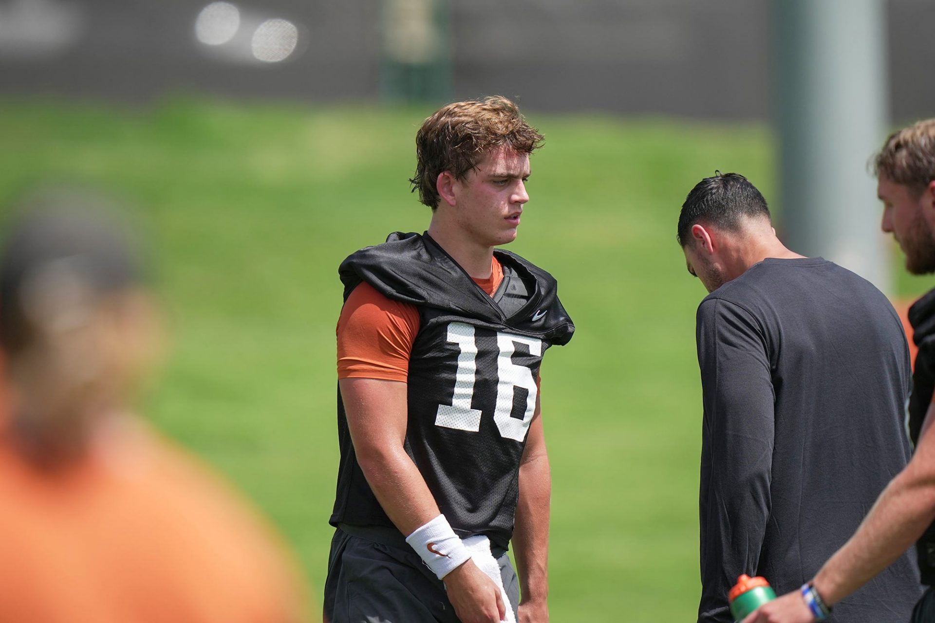 Texas Longhorns Arch Manning, 16, during the first fall football camp practice for the Texas Longhorns at Denius Fields on Wednesday, July 31, 2024.