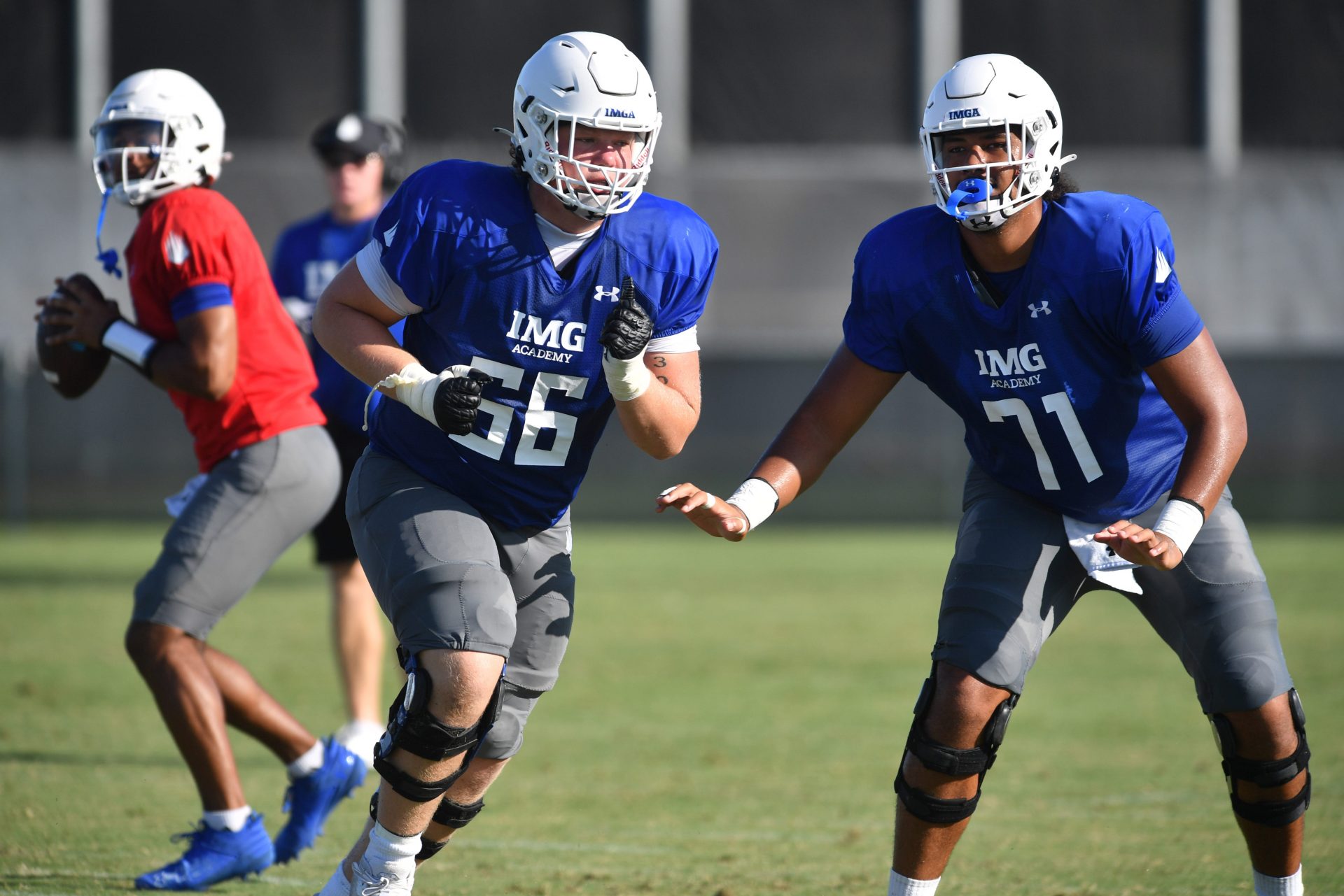 Offensive linemen Breck Kolojay (#66) and Pepe Keenyi (#71) during practice on Friday, Aug. 2, 2024 on IMG Academy Football Media Day in Bradenton, Florida.