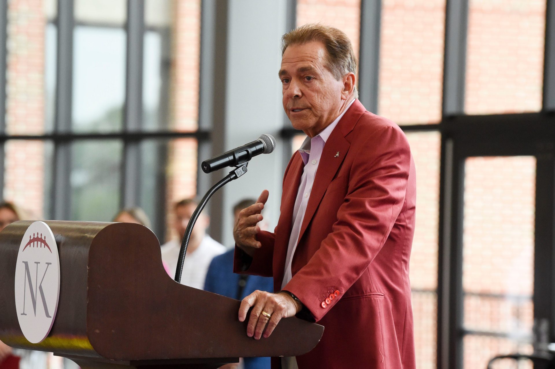 Nick Saban makes his remarks to the assembled crowd of friends, supporters and agencies Wednesday, Aug. 14, 2024, at Bryant-Denny Stadium during the annual Nick’s Kids Foundation Luncheon.