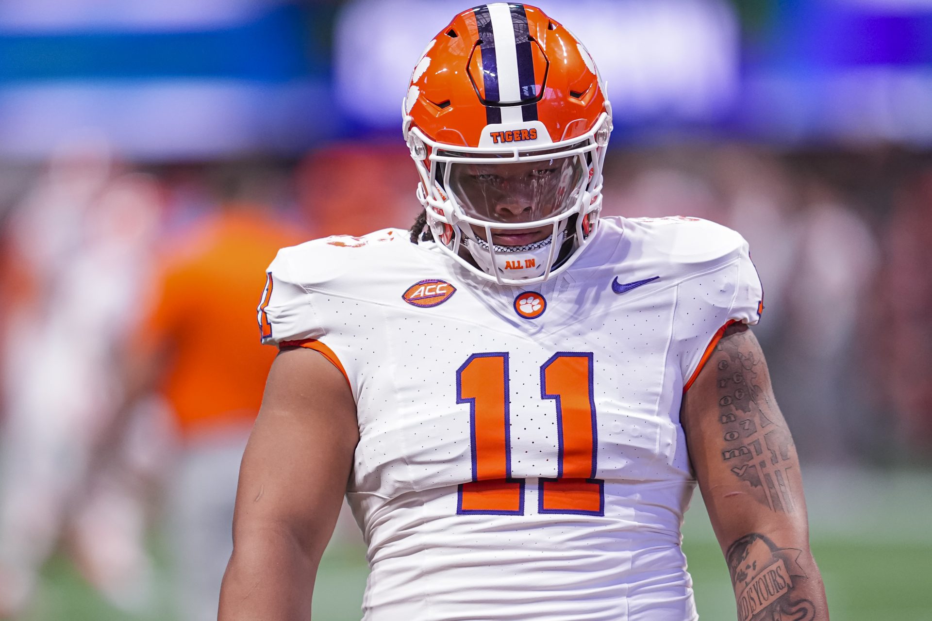 Clemson Tigers defensive lineman Peter Woods (11) shown on the field pregame prior to the game against the Georgia Bulldogs at Mercedes-Benz Stadium.