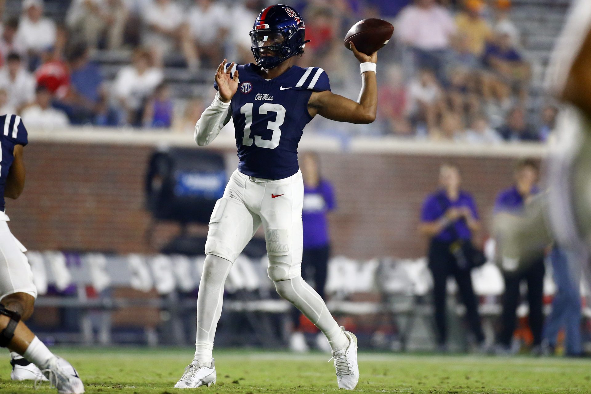 Mississippi Rebels quarterback Austin Simmons (13) passes the ball during the second half  against the Furman Paladins at Vaught-Hemingway Stadium.