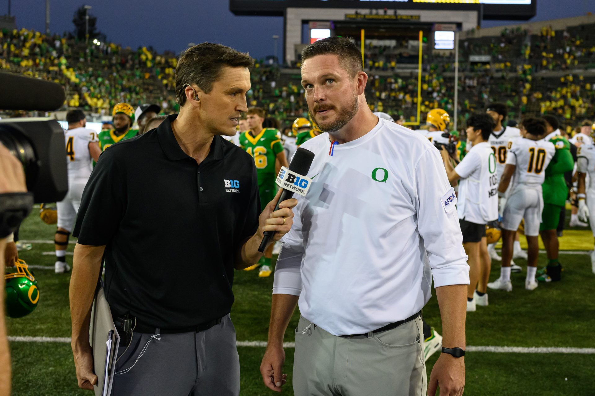 Oregon Ducks head coach Dan Lanning in post game interview after the game against the Idaho Vandals at Autzen Stadium.