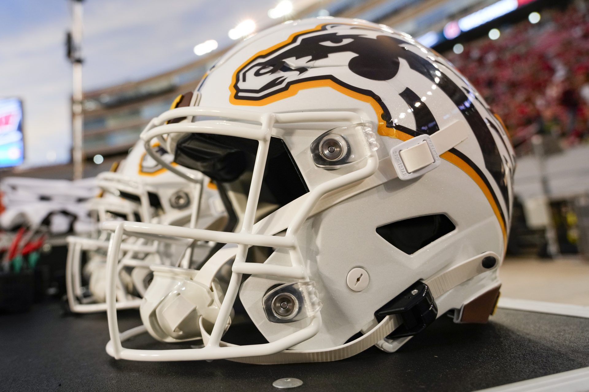 General view of a Western Michigan Broncos helmet during warmups prior to the game against the Wisconsin Badgers at Camp Randall Stadium.