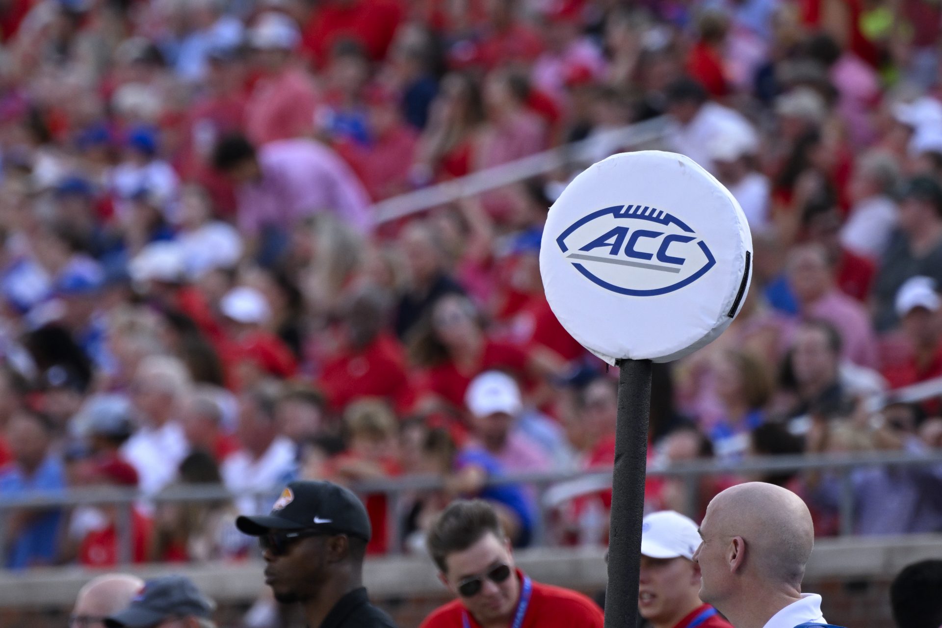 A view of the ACC logo during the first half of the game between the Southern Methodist Mustangs and the Brigham Young Cougars at Gerald J. Ford Stadium.