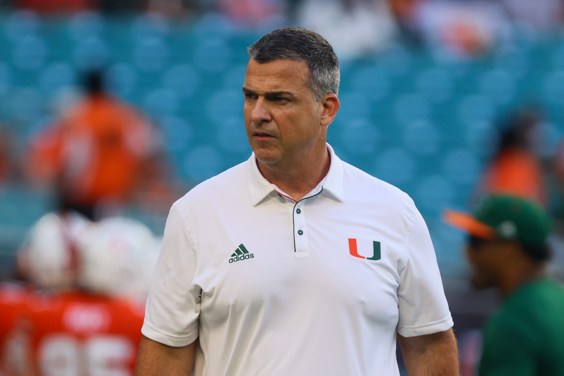 Miami Hurricanes head coach Mario Cristobal looks on before the game against the Florida A&M Rattlers at Hard Rock Stadium.