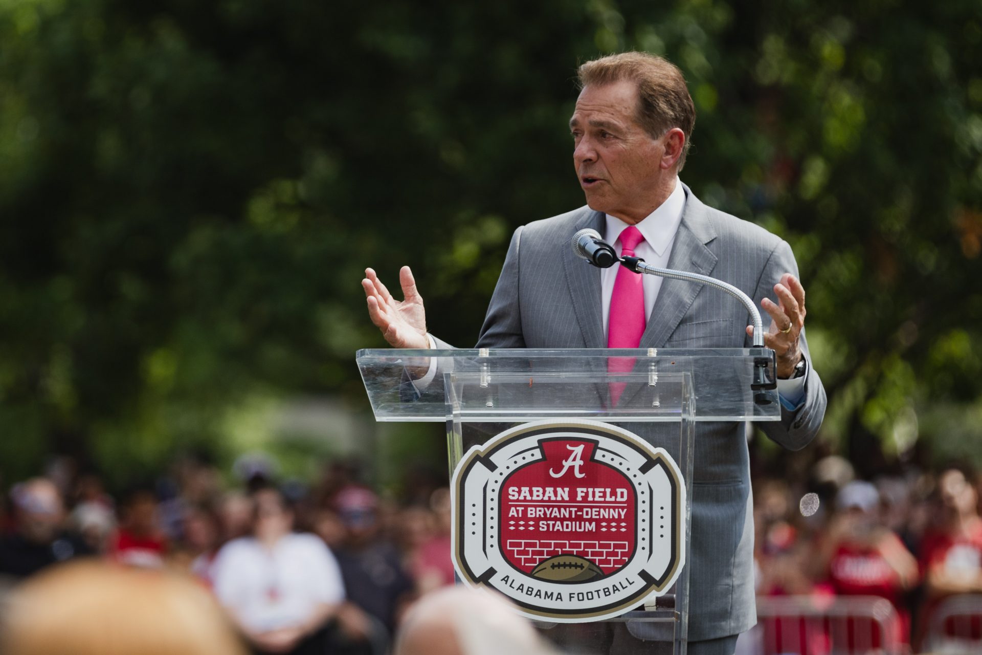 Former Alabama Crimson Tide head coach Nick Saban speaks at the dedication ceremony of Saban Field at Bryant-Denny Stadium.