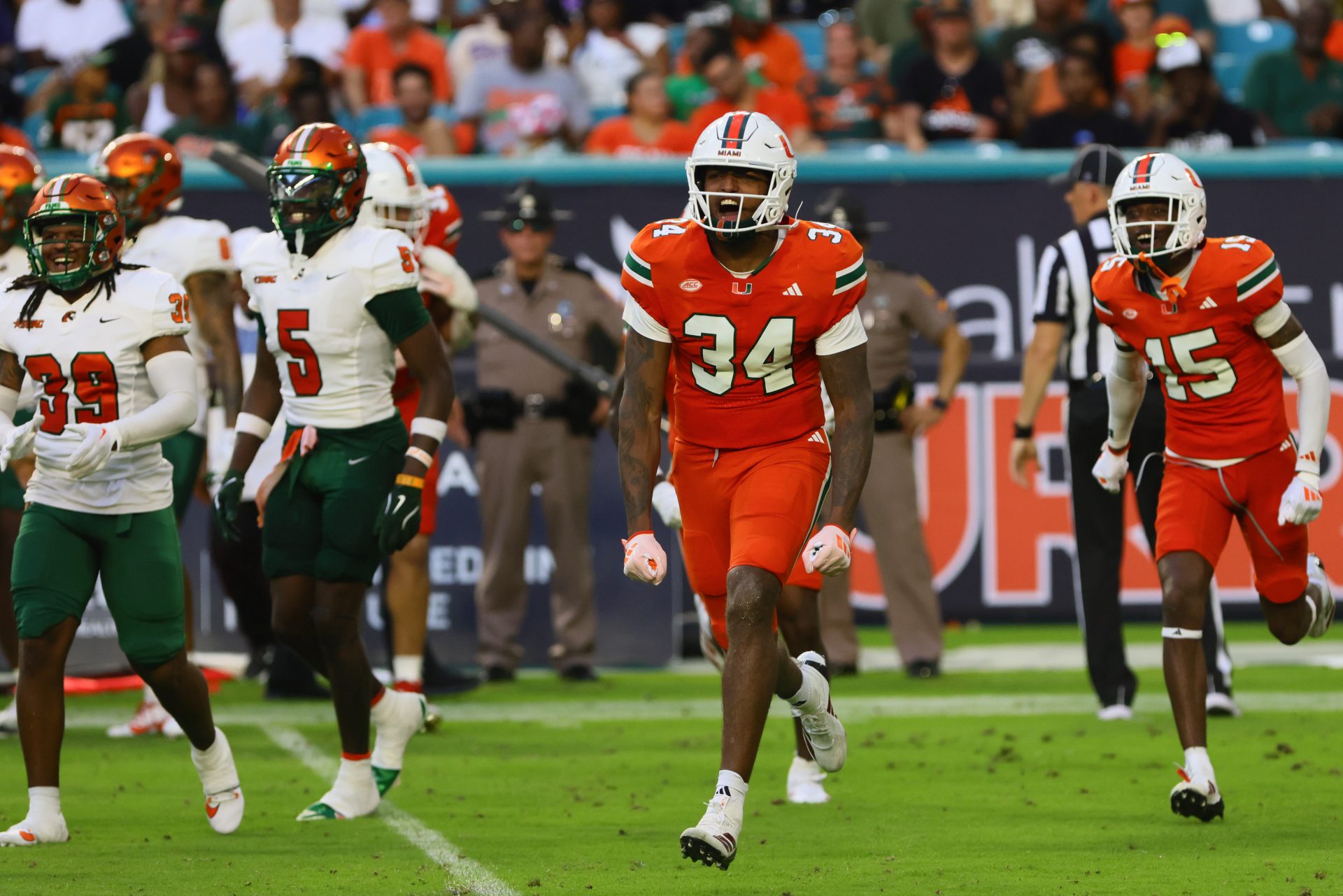 Miami Hurricanes linebacker Adarius Hayes (34) reacts against the Florida A&M Rattlers during the second quarter at Hard Rock Stadium.