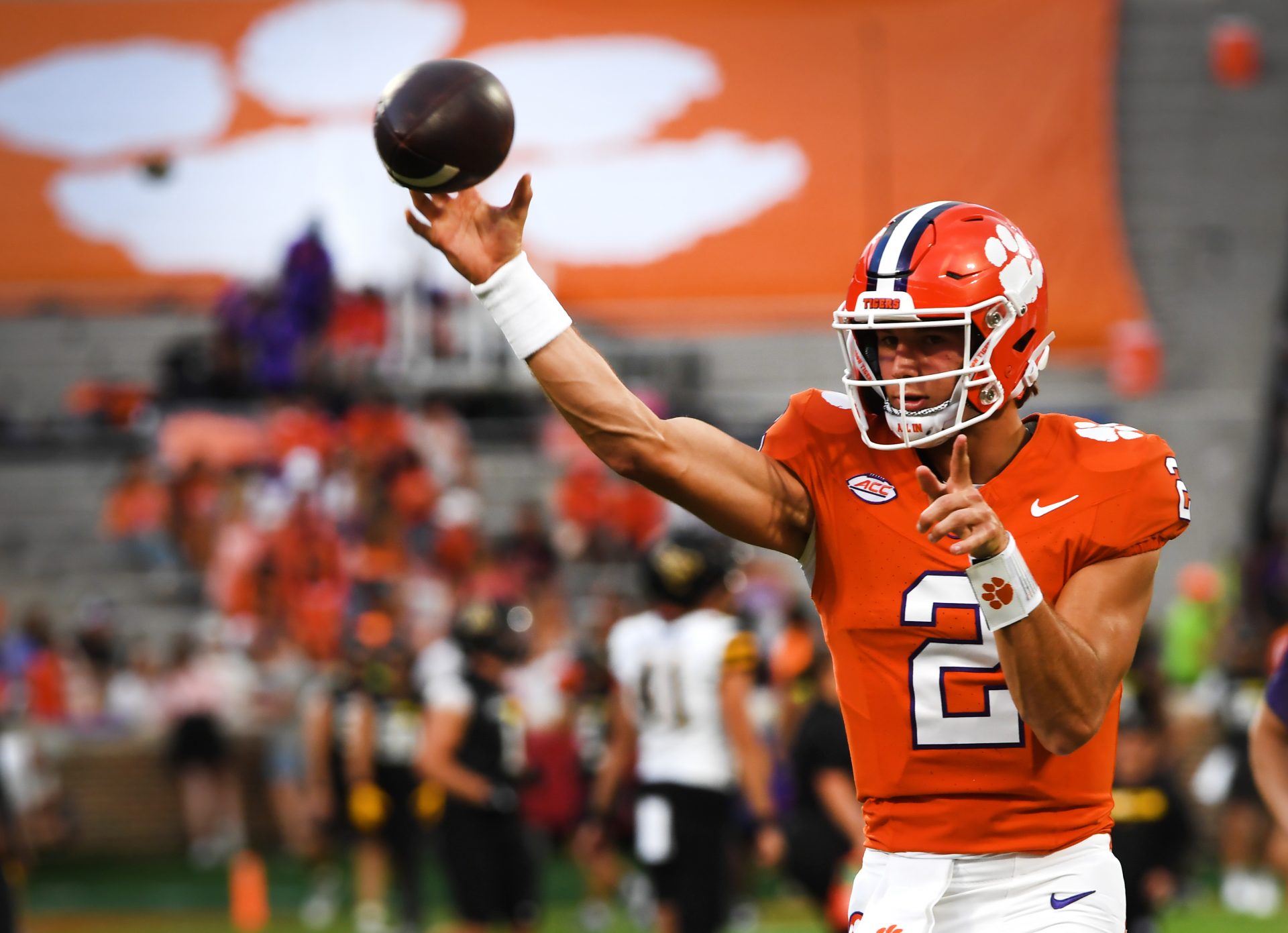 The Clemson Tigers played the Appalachian State Mountaineers in college football Saturday, Sept. 7, 2024. Clemson quarterback Cade Klubnik (2) warms up.