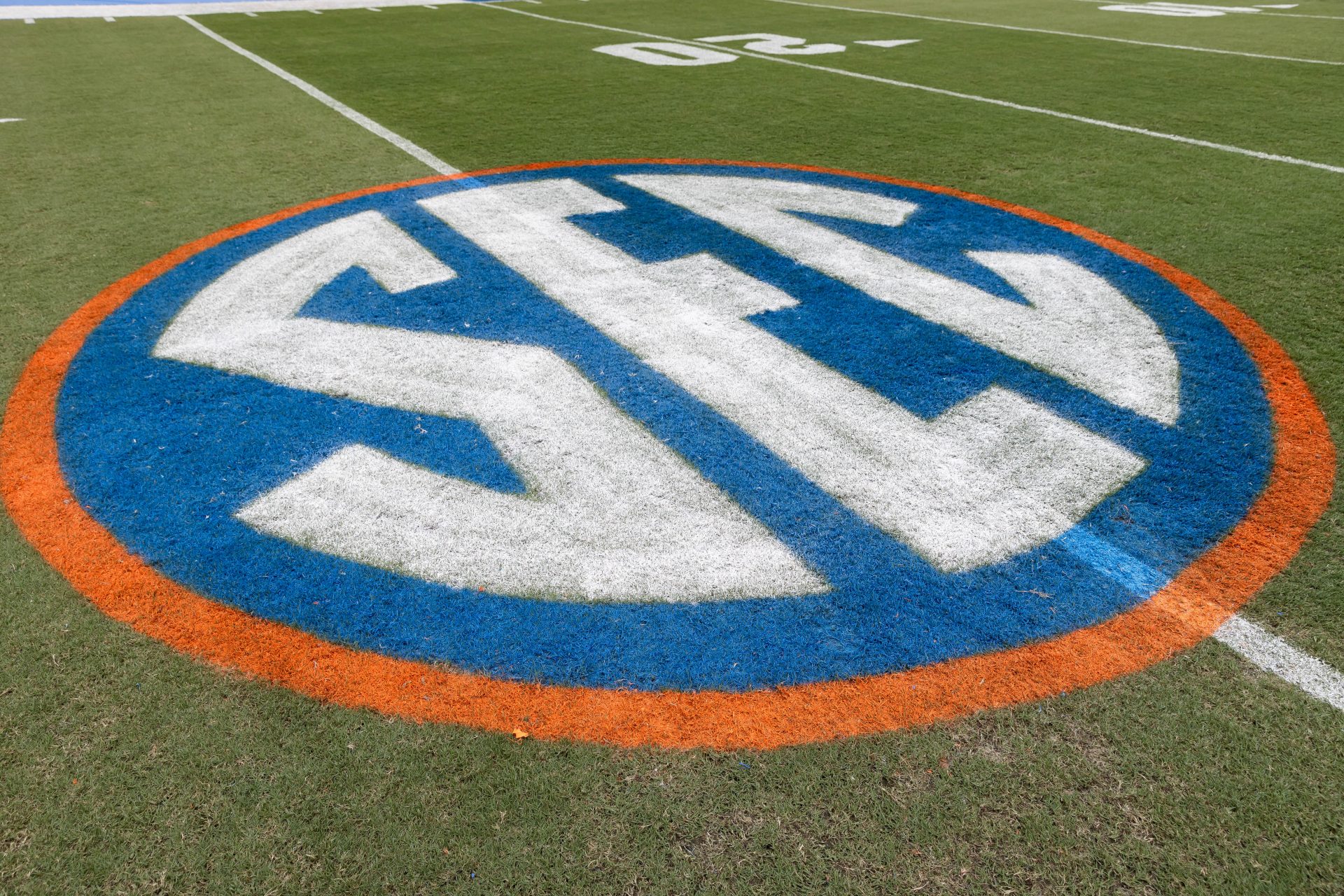 The SEC logo in Florida Gators colors against the Samford Bulldogs before the game at Ben Hill Griffin Stadium.