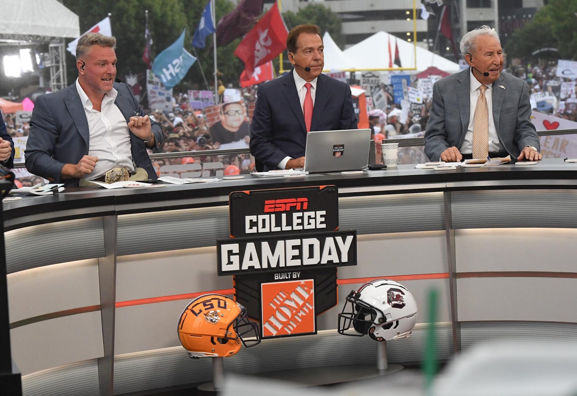 Pat McAfee Nick Saban, and Lee Corso before live broadcast during ESPN Gameday near Williams-Brice Stadium in Columbia, S.C. Saturday, September 14, 2024.