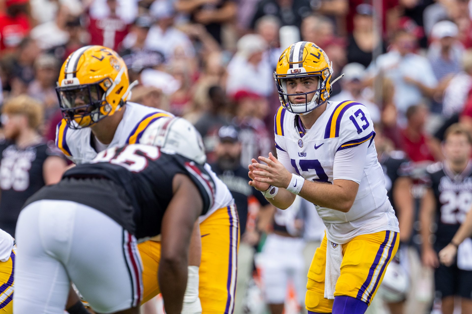 LSU Tigers quarterback Garrett Nussmeier (13) waits for the snap against the South Carolina Gamecocks during the second quarter at Williams-Brice Stadium.
