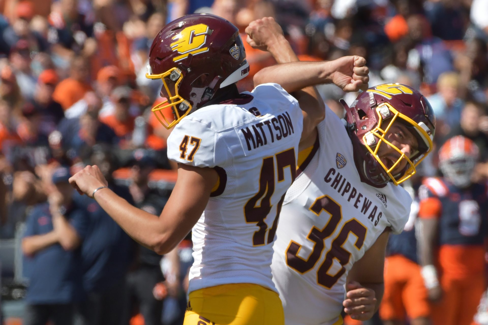 Central Michigan Chippewas kicker Tristan Mattson (47) celebrates with punter David Chapeau (36) after kicking a field goal against the Illinois Fighting Illini during the second half at Memorial Stadium.