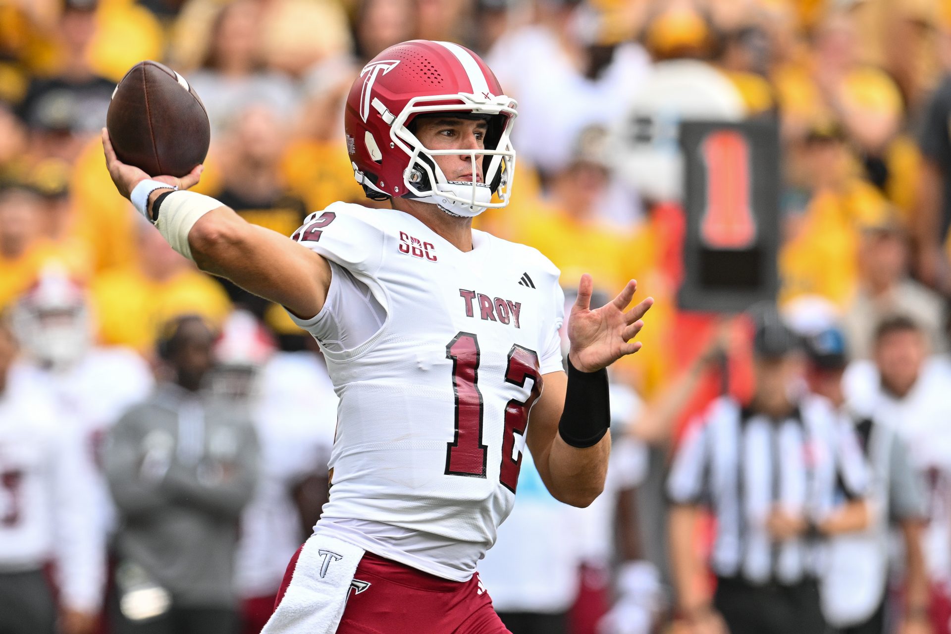 Troy Trojans quarterback Matthew Caldwell (12) throws a pass during the first quarter against the Iowa Hawkeyes at Kinnick Stadium.