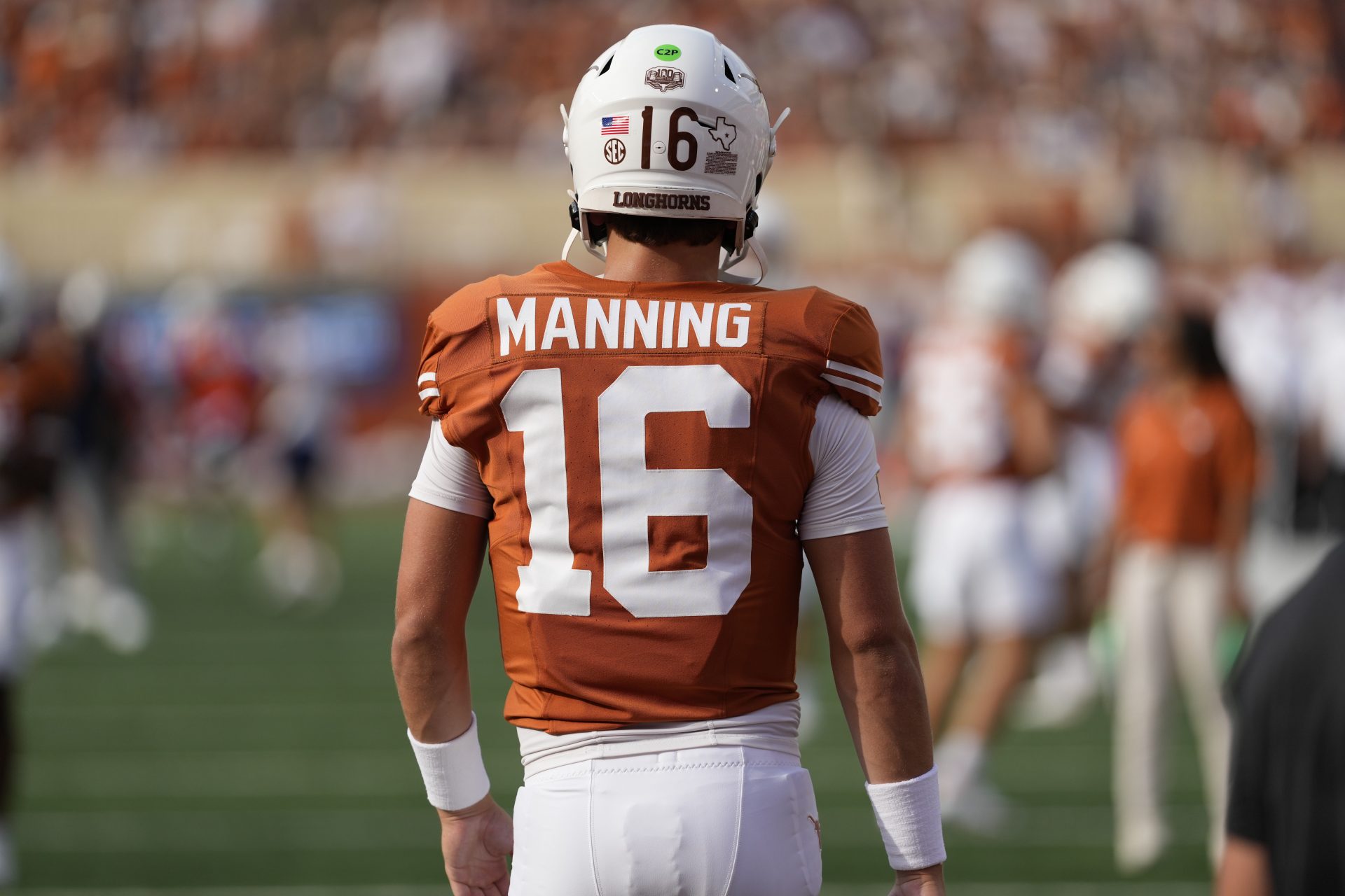 Texas Longhorns quarterback Arch Manning (16) warms up for the game against Texas-San Antonio at Texas at Darrell K Royal-Texas Memorial Stadium.