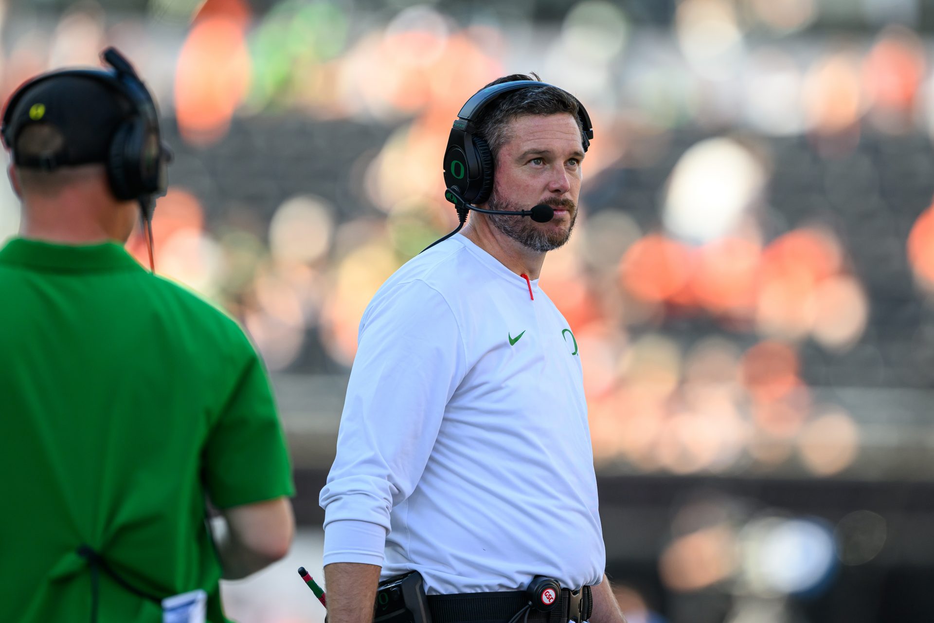 Oregon Ducks head coach Dan Lanning looks toward the scoreboard during the second half against the Oregon State Beavers at Reser Stadium.