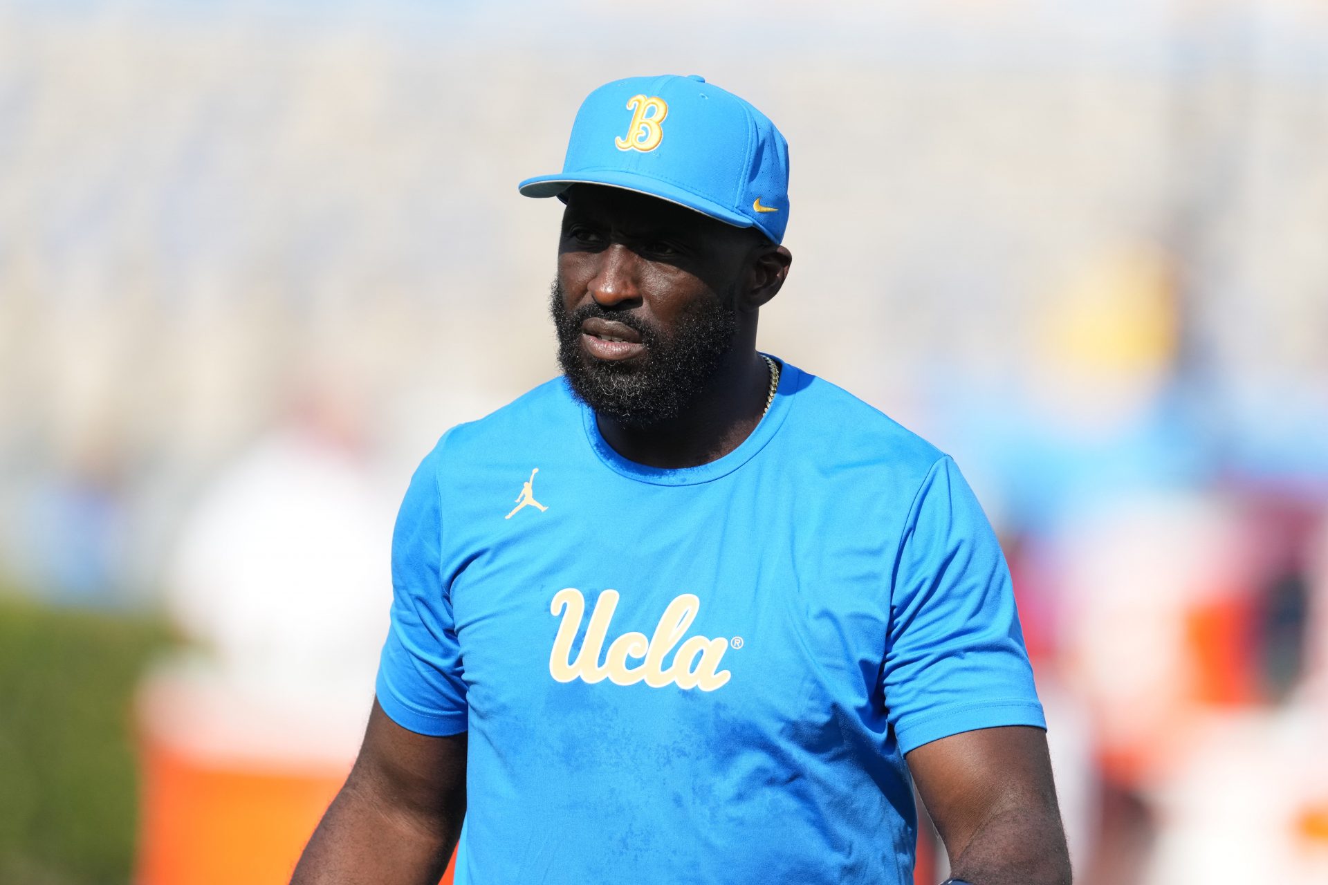 UCLA Bruins head coach DeShaun Foster reacts in the first half against the Indiana Hoosiers at Rose Bowl.