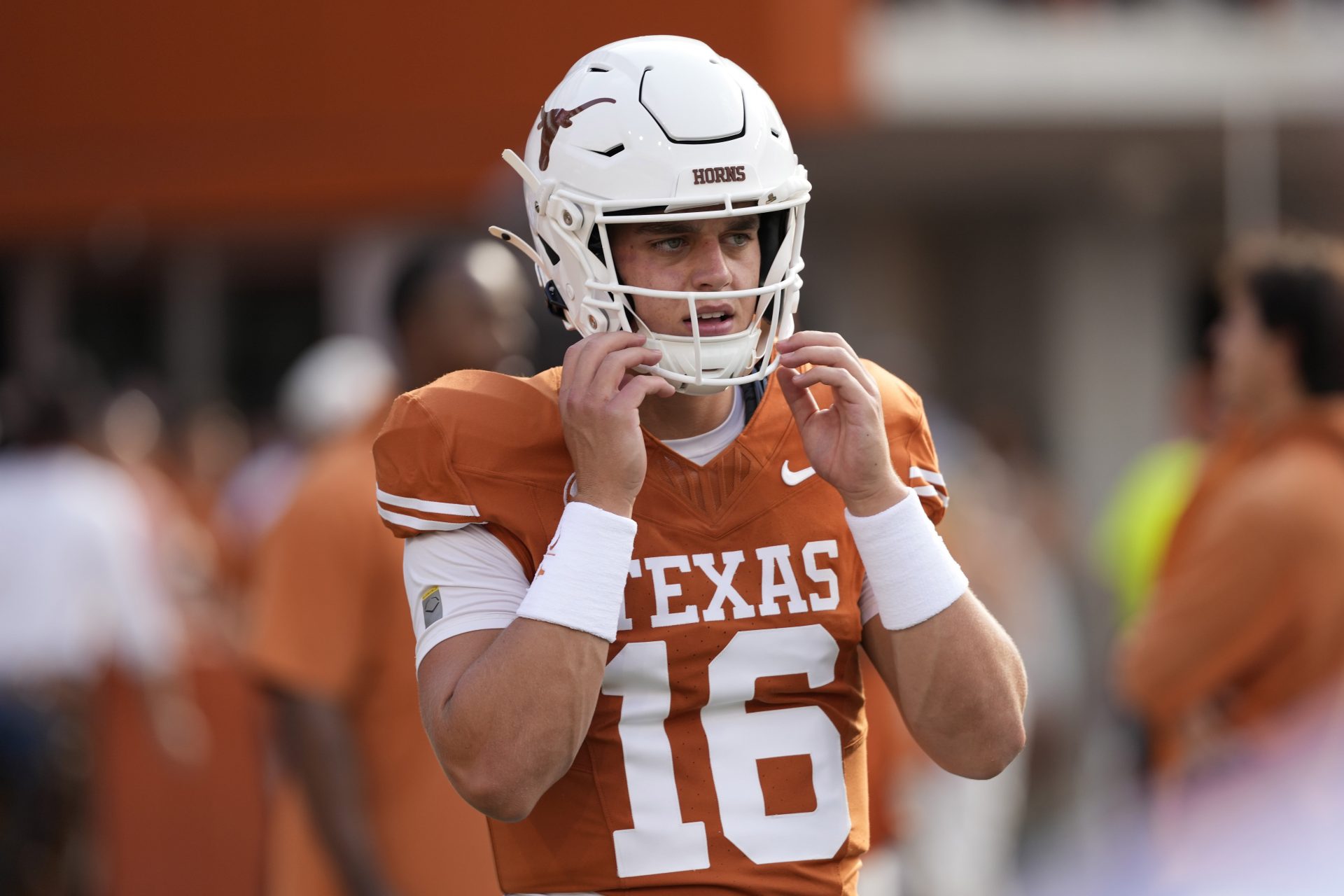 Texas Longhorns quarterback Arch Manning (16) before the game against the Texas-San Antonio Roadrunners at Texas at Darrell K Royal-Texas Memorial Stadium.