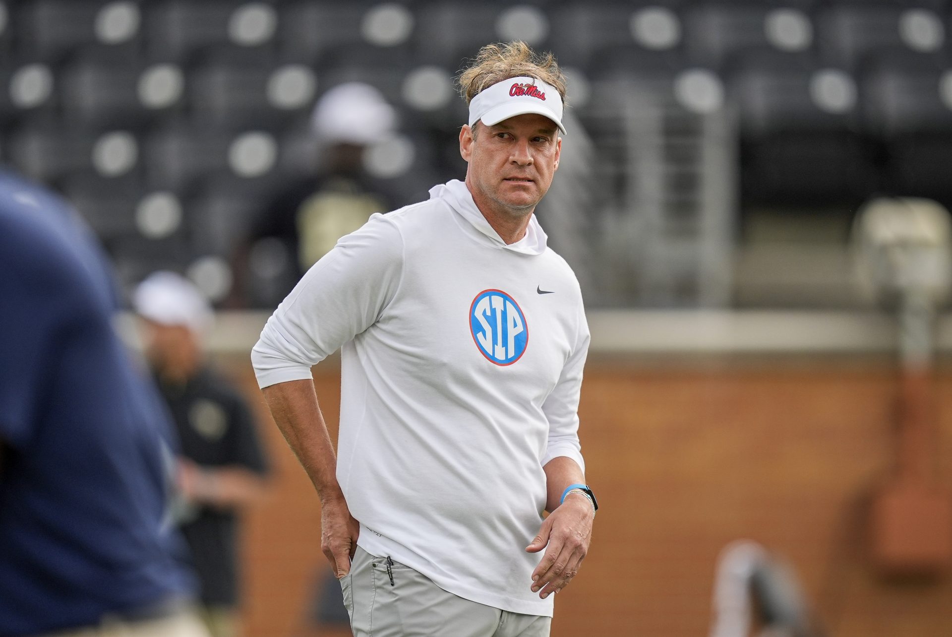 Mississippi Rebels head coach Lane Kiffin during pregame activity against the Wake Forest Demon Deacons at Allegacy Federal Credit Union Stadium.
