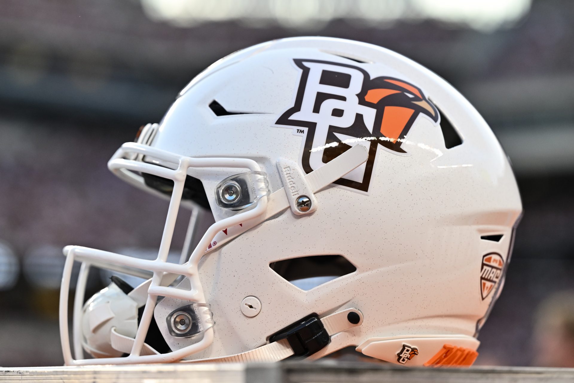 A detail view of a Bowling Green Falcons helmet on the sideline during the game against the Texas A&M Aggies at Kyle Field.