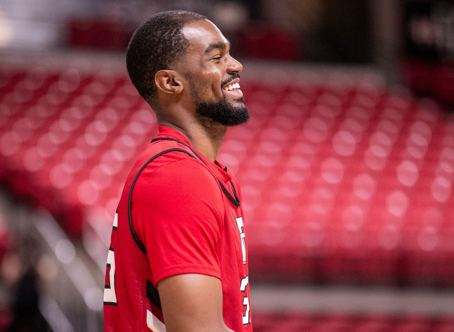 Devan Cambridge smiles during Texas Tech basketball practice, Thursday, September 26, 2024, in United Supermarkets Arena.