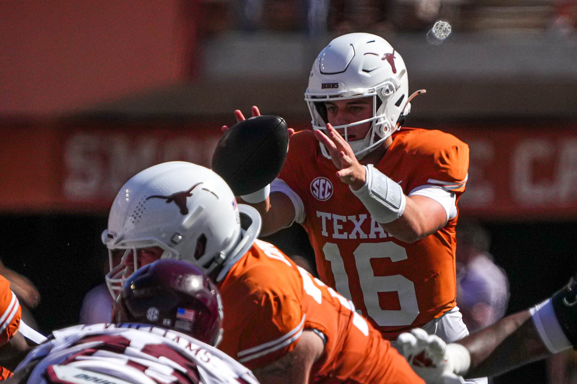 Texas Longhorns quarterback Arch Manning (16) snaps the ball during a game against Mississippi State Bulldogs at Darrell K Royal-Texas Memorial Stadium.