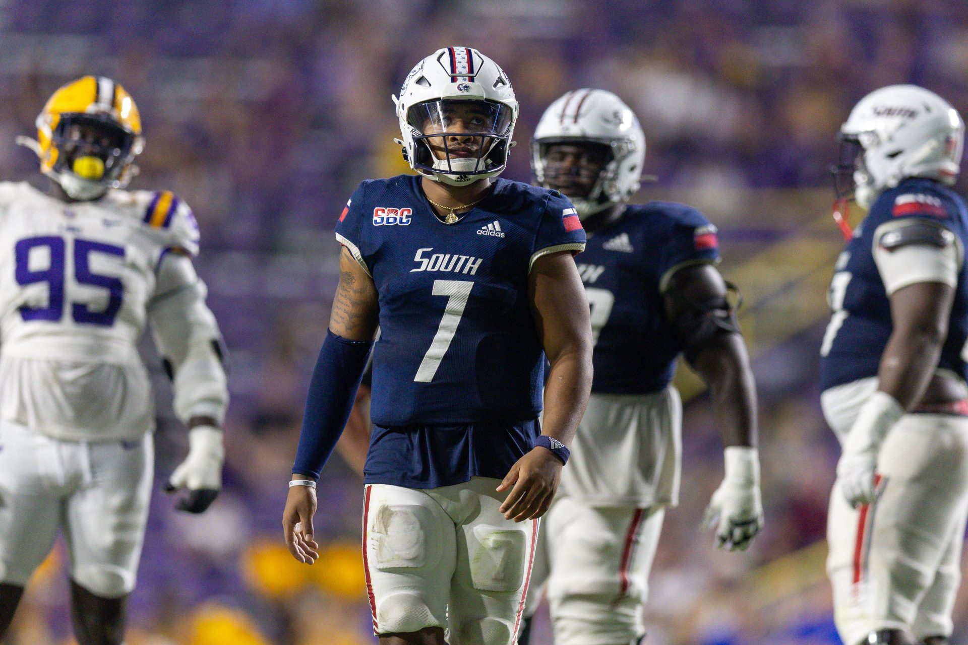 South Alabama Jaguars quarterback Gio Lopez (7) reacts to a penalty during the second half against the LSU Tigers at Tiger Stadium.